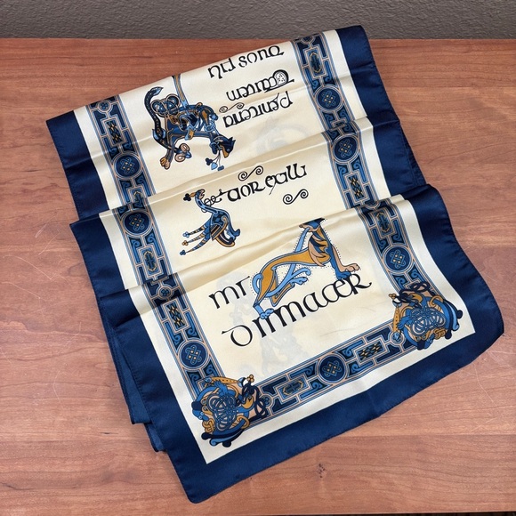 Book of Kells, Irish Gaelic Scarf, Celtic Style in Blue, Tan & Cream size 53×12" - Picture 2 of 11